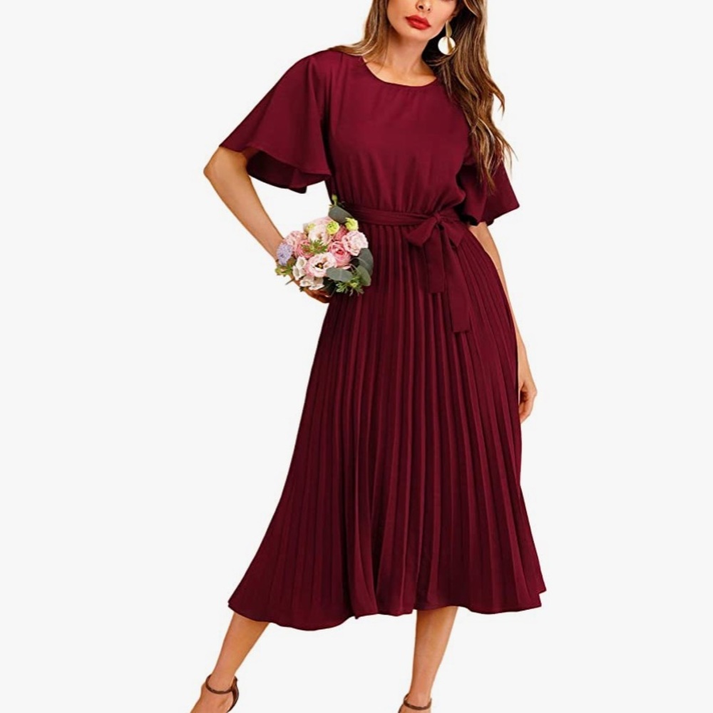 Milumia Women's Elegant Belted Pleated Flounce Sleeve Long Dress Red Burgundy